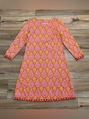 Spartina 449 Island Fringe Shift Dress SZ XS Tropical Orange Pink 3/4 Sleeve
